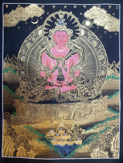 Buddhist Thangka Of Aparimita Thangka, [black And Golden], Chepame, Amitayus