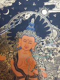 Buddhist Thangka Of Manjushri Thangka, [black And Golden]