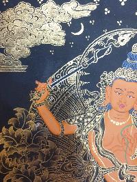 Buddhist Thangka Of Manjushri Thangka, [black And Golden]