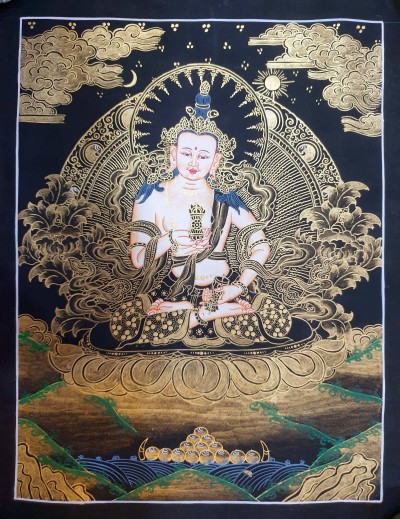 Buddhist Thangka Of Vajrasattva Thangka, [black And Golden]