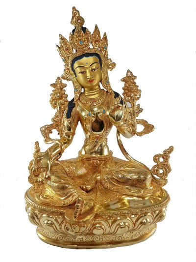 [traditional Style], Buddhist Statue Of Green Tara, [full Fire Gold Plated], With [painted Face]