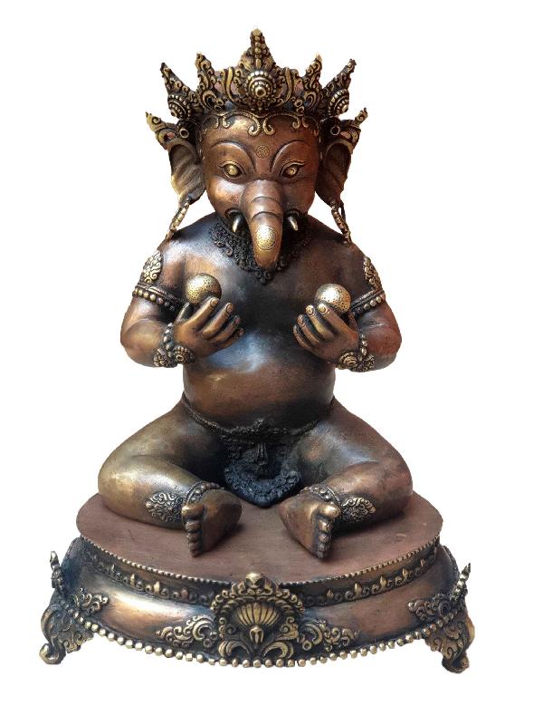 [hq Brass] Statue Of Baby Sitting Ganesh Holding Two Sweets, [antique Finishing]