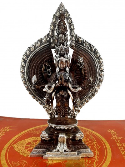 Buddhist Statue Of Sahasrabhuja Avalokitesvara, [silver And Chocolate Oxidized]