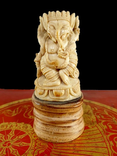Buddhist Ganesh Carved In Yak Bone, On A Wooden Stand