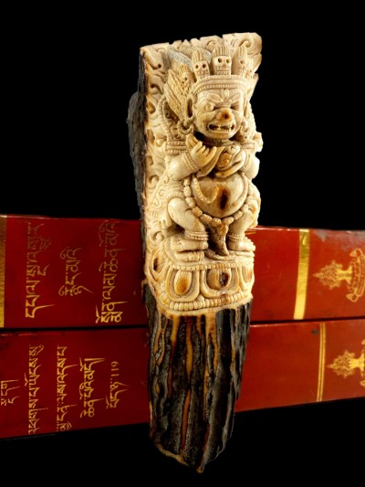 Buddhist Mahakala Carved In Yak Bone, On A Wooden Stand