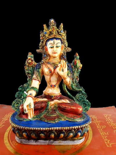Resin Statue Of White Tara [traditional Color Painted], [white, Red, Blue]