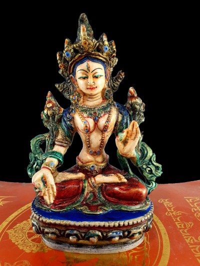 Resin Statue Of White Tara [traditional Color Painted], [white, Red, Blue]