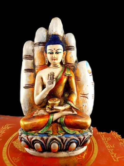 Resin Statue Of Amoghasiddhi Buddha [traditional Color Painted], [white And Yellow]