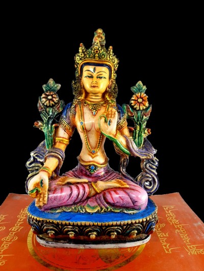 Resin Statue Of White Tara [traditional Color Painted], [white, Blue, Pink]