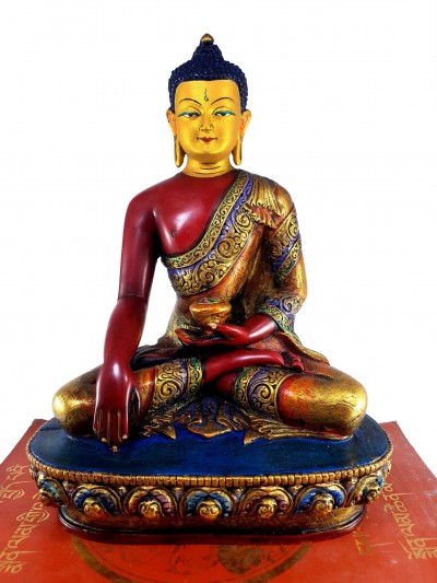 Resin Statue Of Shakyamuni Buddha [traditional Color Painted], [red], [painted Face]