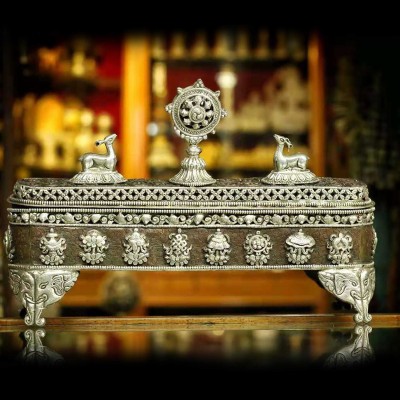 [high Quality], Handmade Buddhist Incense Burner, With Ashtamangala Carving [silver Plated], [oxidized]