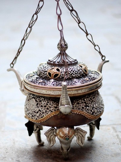 [high Quality], Hanging Incense Burner, Copper With [deep Carving], [silver Plated], [oxidized], [makal, Maka, Incense Burner]