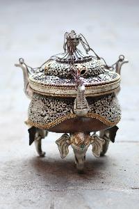 [high Quality], Hanging Incense Burner, Copper With [deep Carving], [silver Plated], [oxidized], [makal, Maka, Incense Burner]