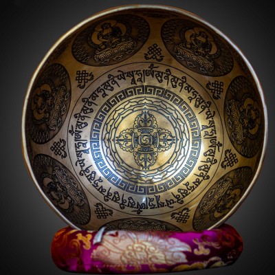 Fine Carving Singing Bowl [jambati], With [double Dorje], [etching Carving], [select Accessories]