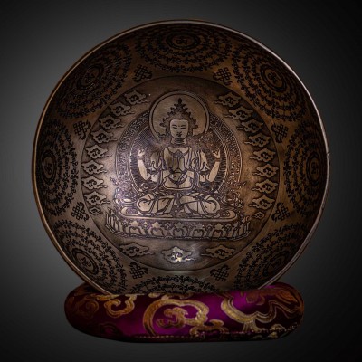 Fine Carving Singing Bowl [jambati], With [chenrezig], [etching Carving], [select Accessories]