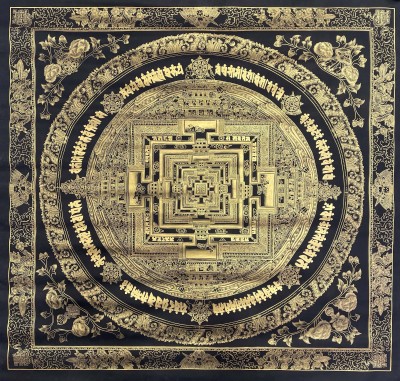 Buddhist Handmade Thangka Of Mandala Thangka, [black And Gold], Lama`s Art