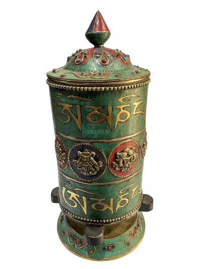 Table Prayer Wheel Big Size Mantra Inside, [sikku] And Stone Setting, Ashtamangala