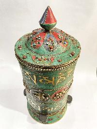 Table Prayer Wheel Big Size Mantra Inside, [sikku] And Stone Setting, Ashtamangala