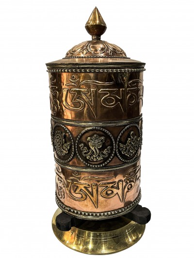 Table Prayer Wheel Big Size With Mantra Inside, [oxidized With Embossed Mantra]