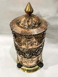 Table Prayer Wheel Big Size With Mantra Inside, [oxidized With Embossed Mantra]
