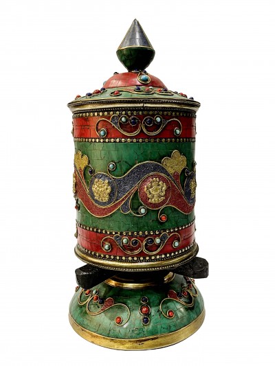 Table Prayer Wheel Big Size, [stone Setting], With Ashtamangala