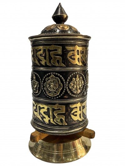 Table Prayer Wheel Big Size With Mantra Inside, [oxidized With Embossed Mantra], And Ashtamangala