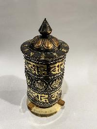 Table Prayer Wheel Big Size With Mantra Inside, [oxidized With Embossed Mantra], And Ashtamangala