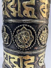 Table Prayer Wheel Big Size With Mantra Inside, [oxidized With Embossed Mantra], And Ashtamangala