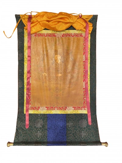 Buddhist Thangka Of Yellow Jambhala Thangka, [with Brocade, And Oil Painting], Lama`s Art