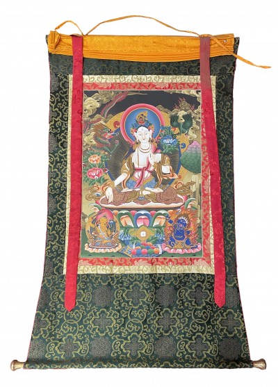 Buddhist Thangka Of White Tara Thangka, [with Brocade], Lama`s Art