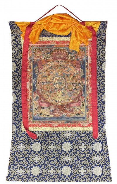 Buddhist Thangka Of Wheel Of Life With Brocade Thangka, Lama`s Art