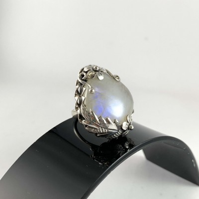 Designer Silver Jewellery With Rainbow Moonstone Leaf Flower Stone Rings