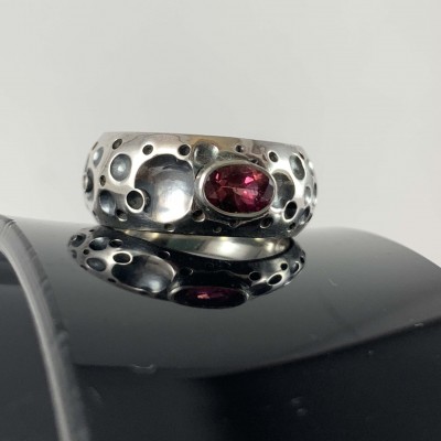 Designer Silver Jewellery With Pink Tourmaline Hammered Bubble Stone Rings