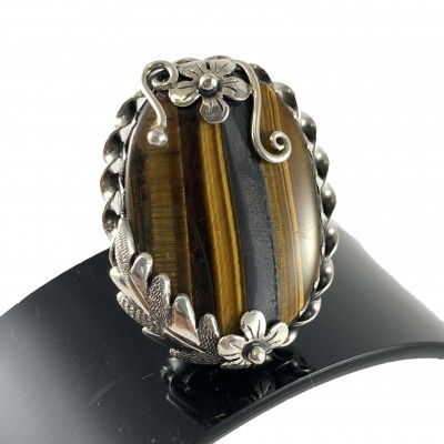 Designer Silver Jewellery With Tiger Eye Leaf And Flower Big Stone Rings