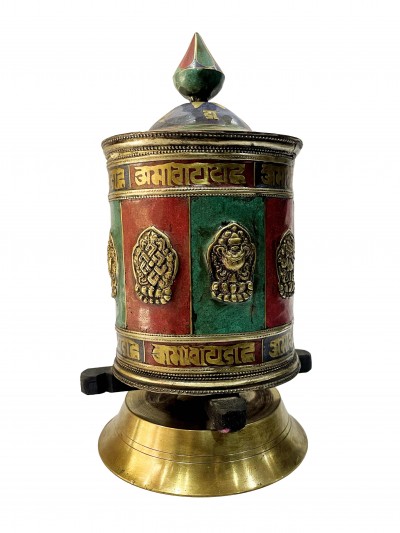 Table Prayer Wheel Big Size With Mantra Inside, [stone Setting], And Ashtamangala