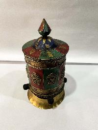 Table Prayer Wheel Big Size With Mantra Inside, [stone Setting], And Ashtamangala