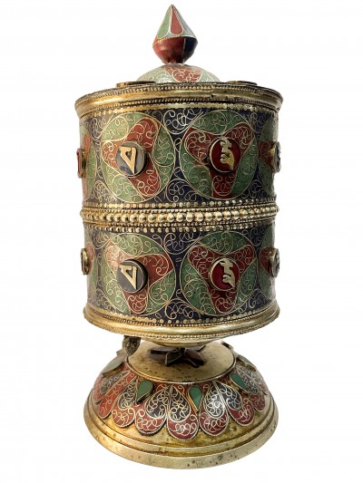 Table Prayer Wheel Big Size With Mantra Inside, [oxidized With Embossed Mantra], And Stone Setting