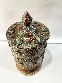 Table Prayer Wheel Big Size With Mantra Inside, [oxidized With Embossed Mantra], And Stone Setting