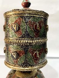 Table Prayer Wheel Big Size With Mantra Inside, [oxidized With Embossed Mantra], And Stone Setting