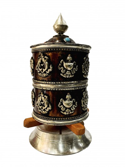 Table Prayer Wheel Big Size With Mantra Inside, [oxidized With Stone Setting], And Ashtamangala