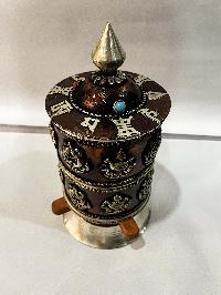Table Prayer Wheel Big Size With Mantra Inside, [oxidized With Stone Setting], And Ashtamangala