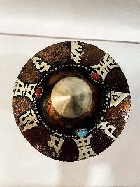 Table Prayer Wheel Big Size With Mantra Inside, [oxidized With Stone Setting], And Ashtamangala
