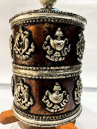 Table Prayer Wheel Big Size With Mantra Inside, [oxidized With Stone Setting], And Ashtamangala