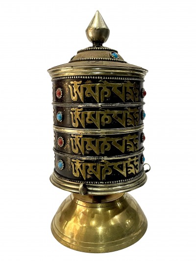 Table Prayer Wheel Big Size With Mantra Inside, [oxidized With Stone Setting]