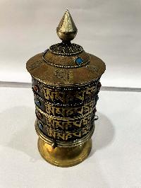 Table Prayer Wheel Big Size With Mantra Inside, [oxidized With Stone Setting]