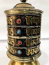 Table Prayer Wheel Big Size With Mantra Inside, [oxidized With Stone Setting]