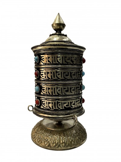 Table Prayer Wheel Big Size With Mantra Inside, [oxidized With Embossed Mantra], And Stone Setting