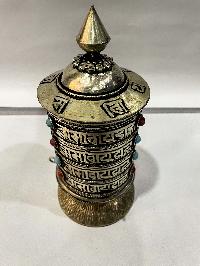 Table Prayer Wheel Big Size With Mantra Inside, [oxidized With Embossed Mantra], And Stone Setting