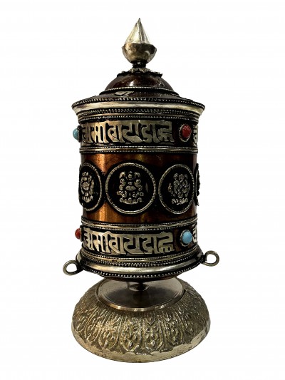 Table Prayer Wheel Big Size With Mantra Inside, [oxidized With Embossed Mantra], And Ashtamangala