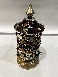 Table Prayer Wheel Big Size With Mantra Inside, [oxidized With Embossed Mantra], And Ashtamangala